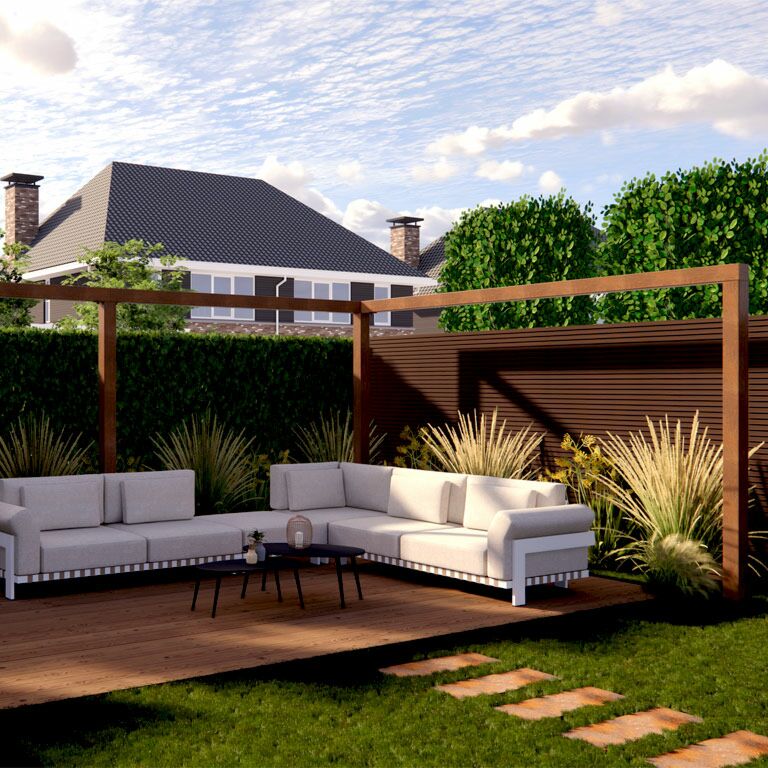 Pergola iz jekla corten kotna postavitev 600 x 412 cm