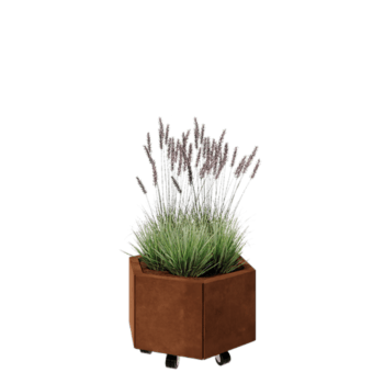 Corten jekleno korito za rože - Šestkotnik - 59,3 x 52 x 30 cm - Z dnoploščo - S kolesi