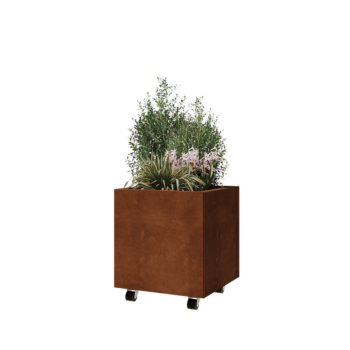 Corten jekleno korito za rože - Kvadrat - 50 x 50 x 50 cm - Z dnoploščo - S kolesi