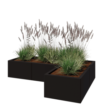 Jekleno korito za rože - L-oblikа - 150 x 100 x 30 cm - RAL9005 mat (črna) - Z dnoploščo