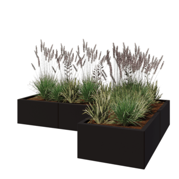 Jekleno korito za rože - L-oblikа - 180 x 120 x 30 cm - RAL9005 mat (črna) - Z dnoploščo