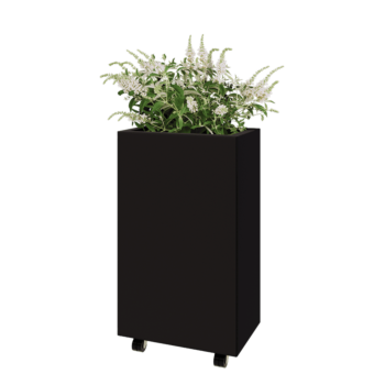 Jekleno korito za rože - Pravokotnik - 50 x 30 x 80 cm - RAL9005 mat (črna) - Z dnoploščo - S kolesi