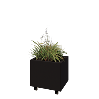 Jekleno korito za rože - Pravokotnik - 50 x 40 x 40 cm - RAL9005 mat (črna) - Z dnoploščo - S kolesi