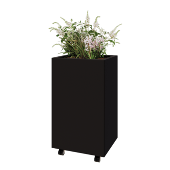 Jekleno korito za rože - Pravokotnik - 50 x 40 x 80 cm - RAL9005 mat (črna) - Z dnoploščo - S kolesi