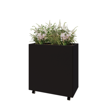 Jekleno korito za rože - Pravokotnik - 80 x 40 x 80 cm - RAL9005 mat (črna) - Z dnoploščo - S kolesi