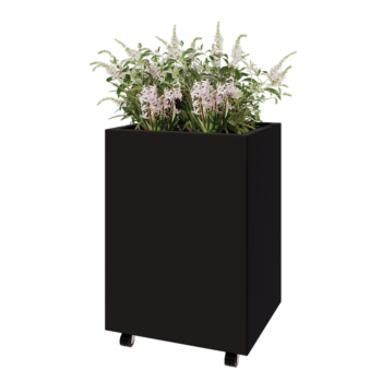 Jekleno korito za rože - Pravokotnik - 60 x 50 x 80 cm - RAL9005 mat (črna) - Z dnoploščo - S kolesi