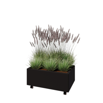 Jekleno korito za rože - Pravokotnik - 80 x 50 x 30 cm - RAL9005 mat (črna) - Z dnoploščo - S kolesi