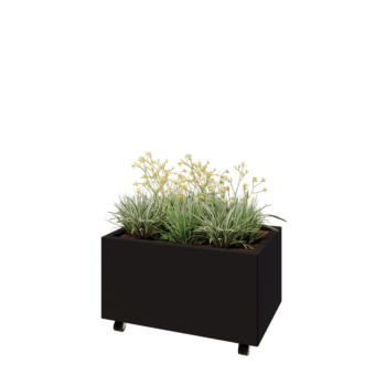 Jekleno korito za rože - Pravokotnik - 80 x 50 x 40 cm - RAL9005 mat (črna) - Z dnoploščo - S kolesi