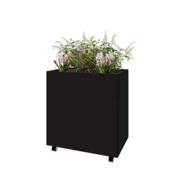 Jekleno korito za rože - Pravokotnik - 80 x 50 x 80 cm - RAL9005 mat (črna) - Z dnoploščo - S kolesi