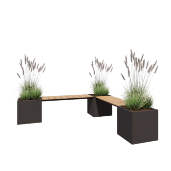 Jekleno korito za rože - Kvadrat - Kotna postavitev - 221,2 x 221,2 x 50 cm - RAL7016 mat (antracitno siva) - Z dnoploščo - S klopjo