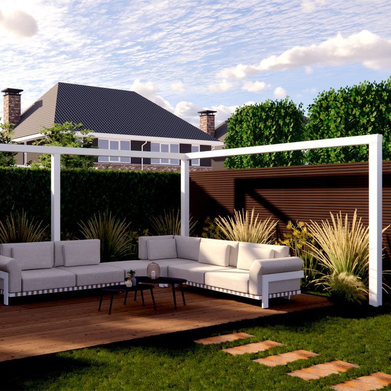 Pergola iz prašno barvanega jekla kotna postavitev 600 x 412 cm