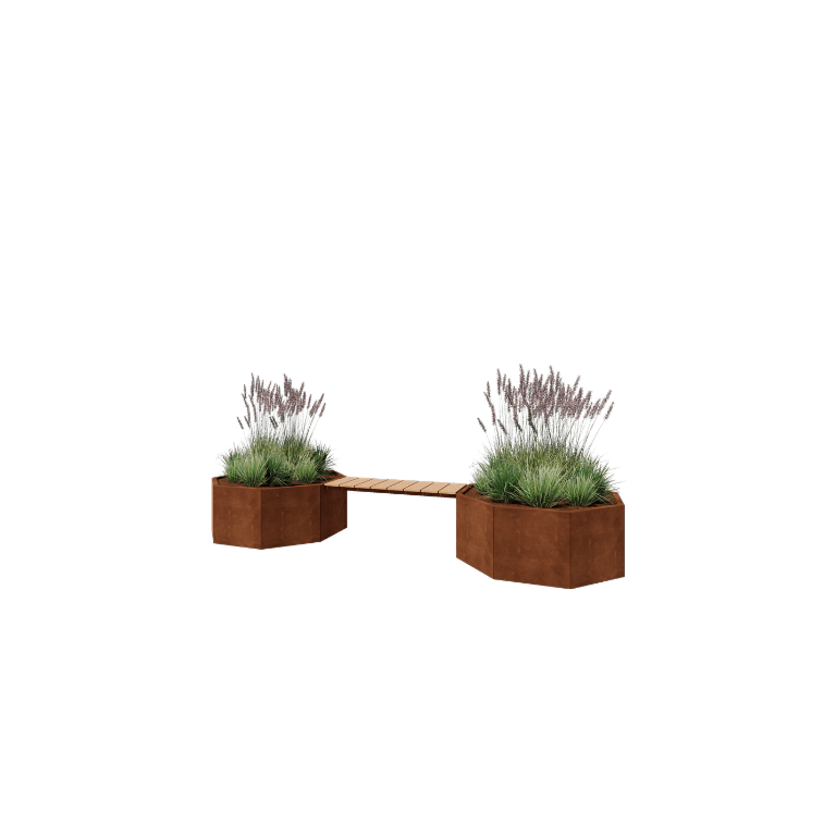 Corten jekleno korito za rože - Osemkotnik - 362,6 x 120,7 x 50 cm - S klopjo - Brez dnoplošče