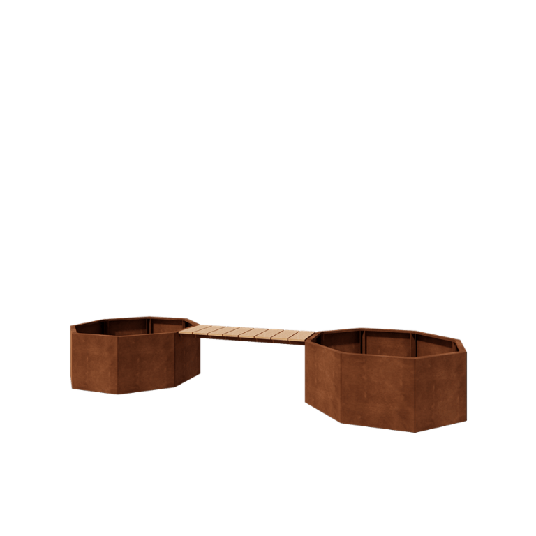 Corten jekleno korito za rože - Osemkotnik - 362,6 x 120,7 x 50 cm - S klopjo - Brez dnoplošče
