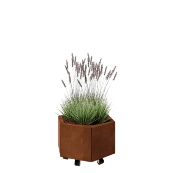 Corten jekleno korito za rože - Šestkotnik - 59,3 x 52 x 30 cm - Z dnoploščo - S kolesi