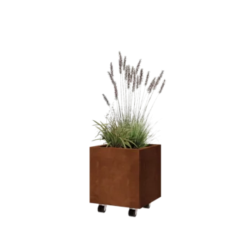 Corten jekleno korito za rože - Kvadrat - 40 x 40 x 40 cm - Z dnoploščo - S kolesi
