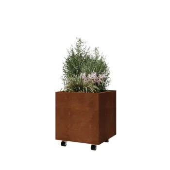 Corten jekleno korito za rože - Kvadrat - 50 x 50 x 50 cm - Z dnoploščo - S kolesi