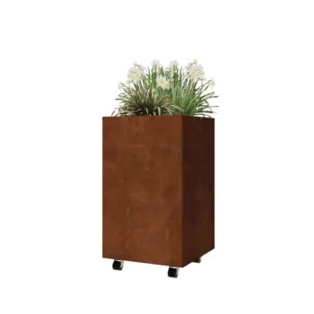 Corten jekleno korito za rože - Kvadrat - 50 x 50 x 80 cm - Z dnoploščo - S kolesi