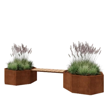 Corten jekleno korito za rože - Osemkotnik - 362,6 x 120,7 x 50 cm - S klopjo - Brez dnoplošče