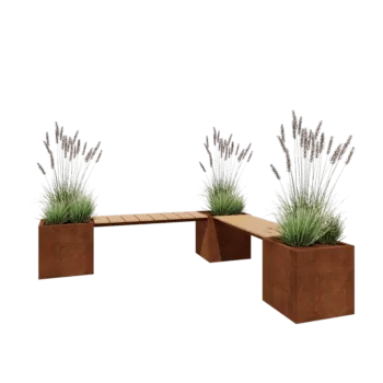 Corten jekleno korito za rože - Kvadrat - Kotna postavitev - 221,2 x 221,2 x 50 cm - S klopjo - Z dnoploščo