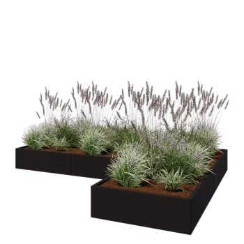 Jekleno korito za rože - L-oblikа - 300 x 200 x 30 cm - RAL9005 mat (črna) - Z dnoploščo