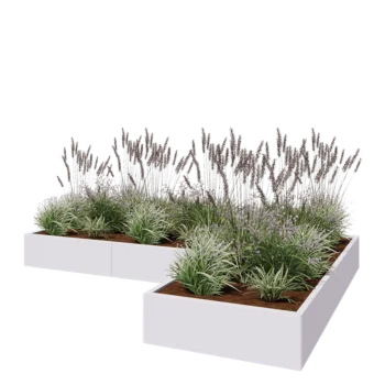 Jekleno korito za rože - L-oblikа - 300 x 200 x 30 cm - RAL9010 mat (bela) - Brez dnoplošče