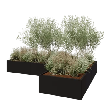 Jekleno korito za rože - L-oblikа - 300 x 200 x 40 cm - RAL9005 mat (črna) - Z dnoploščo