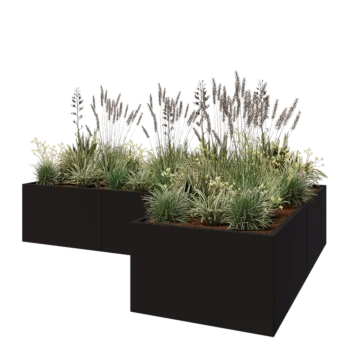 Jekleno korito za rože - L-oblikа - 300 x 200 x 60 cm - RAL9005 mat (črna) - Brez dnoplošče