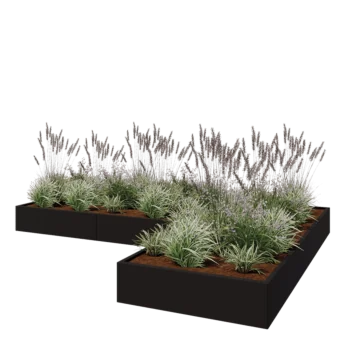 Jekleno korito za rože - L-oblikа - 360 x 240 x 30 cm - RAL9005 mat (črna) - Brez dnoplošče