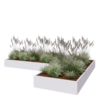 Jekleno korito za rože - L-oblikа - 360 x 240 x 30 cm - RAL9010 mat (bela) - Brez dnoplošče