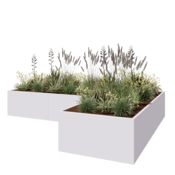 Jekleno korito za rože - L-oblikа - 360 x 240 x 60 cm - RAL9010 mat (bela) - Brez dnoplošče