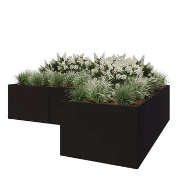 Jekleno korito za rože - L-oblikа - 360 x 240 x 80 cm - RAL9005 mat (črna) - Brez dnoplošče
