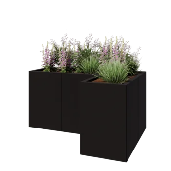 Jekleno korito za rože - L-oblikа - 120 x 80 x 60 cm - RAL9005 mat (črna) - Z dnoploščo