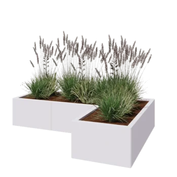 Jekleno korito za rože - L-oblikа - 150 x 100 x 30 cm - RAL9010 mat (bela) - Z dnoploščo
