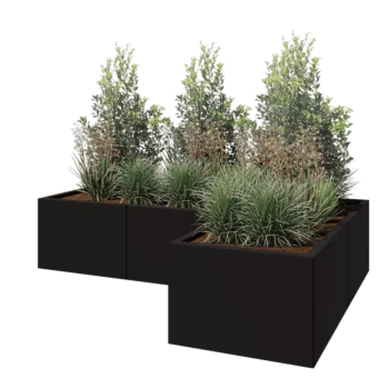 Jekleno korito za rože - L-oblikа - 180 x 120 x 40 cm - RAL9005 mat (črna) - Z dnoploščo