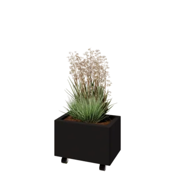 Jekleno korito za rože - Pravokotnik - 50 x 30 x 30 cm - RAL9005 mat (črna) - Z dnoploščo - S kolesi