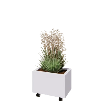 Jekleno korito za rože - Pravokotnik - 50 x 30 x 30 cm - RAL9010 mat (bela) - Z dnoploščo - S kolesi