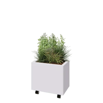 Jekleno korito za rože - Pravokotnik - 50 x 30 x 40 cm - RAL9010 mat (bela) - Z dnoploščo - S kolesi