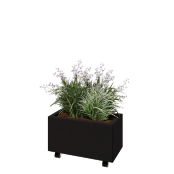 Jekleno korito za rože - Pravokotnik - 60 x 30 x 30 cm - RAL9005 mat (črna) - Z dnoploščo - S kolesi