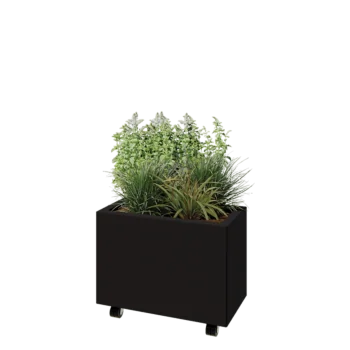 Jekleno korito za rože - Pravokotnik - 60 x 30 x 40 cm - RAL9005 mat (črna) - Z dnoploščo - S kolesi