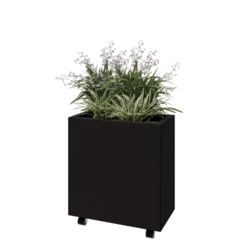 Jekleno korito za rože - Pravokotnik - 60 x 30 x 60 cm - RAL9005 mat (črna) - Z dnoploščo - S kolesi