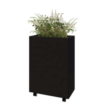 Jekleno korito za rože - Pravokotnik - 60 x 30 x 80 cm - RAL9005 mat (črna) - Z dnoploščo - S kolesi
