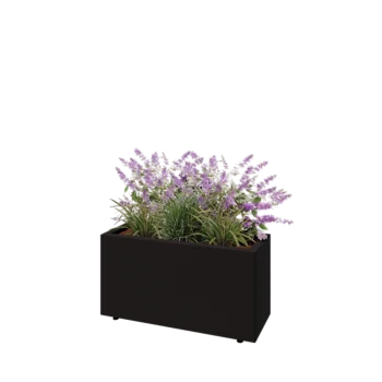 Jekleno korito za rože - Pravokotnik - 80 x 30 x 40 cm - RAL9005 mat (črna) - Z dnoploščo - Z nogami