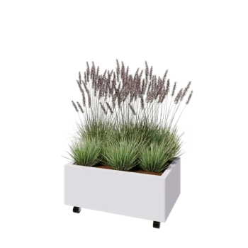 Jekleno korito za rože - Pravokotnik - 80 x 50 x 30 cm - RAL9010 mat (bela) - Z dnoploščo - S kolesi