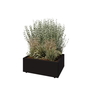 Jekleno korito za rože - Pravokotnik - 80 x 60 x 30 cm - RAL9005 mat (črna) - Z dnoploščo - Z nogami